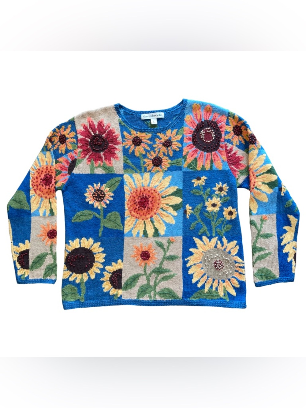 VTG David Brooks Sunflower Patchwork 3D Knitted Sweater Sz L Cottagecore Artsy